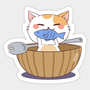 Cat Happily Eating Fish I Sticker